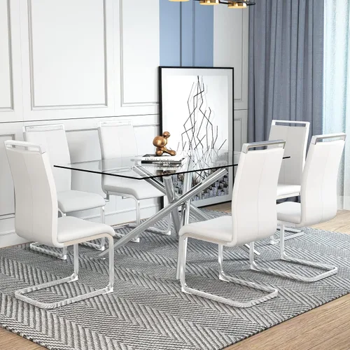 Vista 6 de Ebullient Juego de mesa de comedor de cristal de 63 pulgadas para 6 mesas de comedor modernas con parte superior de vidrio templado con 6 sillas