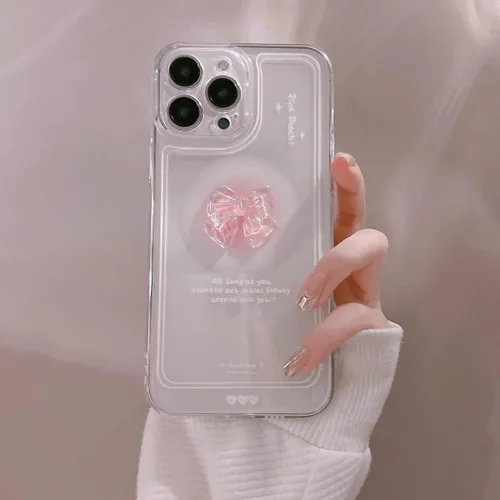 Vista 6 de Ownest - Funda compatible para iPhone 12, diseño bonito de lazo de arco 3D en rosa, delgada, transparente, diseño estético, para mujeres y lazo rosa