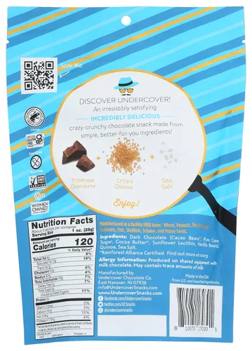 Vista 2 de UNDERCOVER SNACKS CHOCOLATE CO Chips de Quinua de Chocolate Oscuro y Sal Marina (Solo 1 pieza que pesa 3 oz)