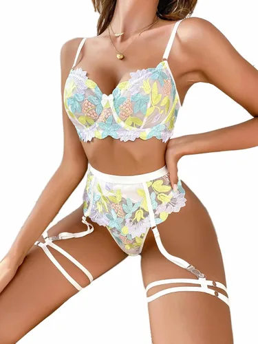 Vista 7 de WDIRARA Conjunto de lencería de 5 piezas para mujer con tiras de encaje y cintura alta con aros