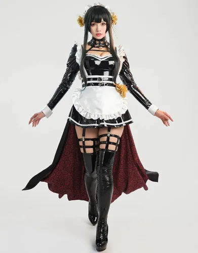 Vista 2 de MEOWCOS - Vestido de sirvienta para mujer, diseño de anime, cosplay, delantal francés, delantal de sirvienta con diadema y calcetines en el muslo