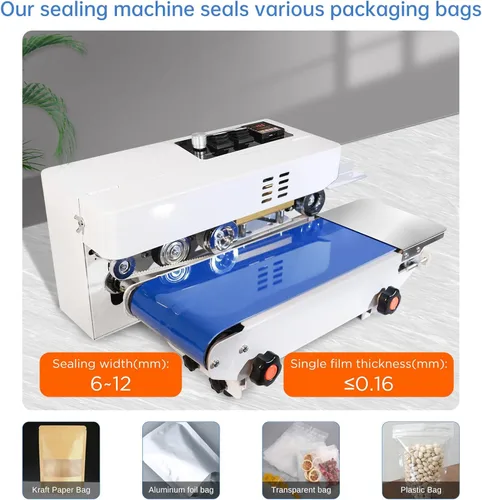 Vista 2 de Máquina selladora térmica comercial, máquina automática de sellado continuo de bandas de bolsas con control digital de temperatura, velocidad