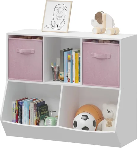 Vista 11 de Estantería para niños, estante para libros para niños con cajones de tela plegables, organizador de almacenamiento de juguetes, estantería