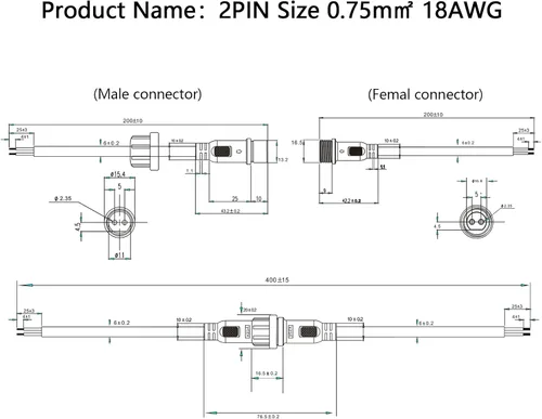 Vista 4 de Conector de tira LED de 2 pines 18AWG IP65 macho hembra 7.87 pulgadas, cable de extensión para automóvil, camión, barco, conector LED impermeable
