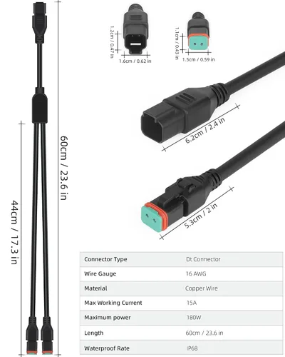 Vista 2 de 2 en 1 2 pies universal DT Splitter arnés de cableado, 2 pines Plug and Play Kit de conector de extensión para barra de luz LED, cápsula LED, luces
