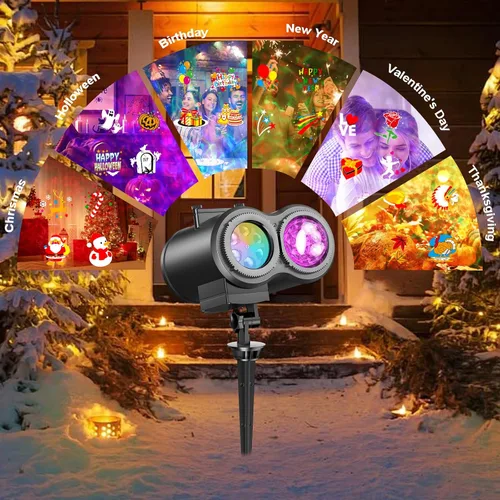 Vista 2 de Proyector de luces de Navidad de Halloween con 4 grandes patrones, para exteriores, 29 efectos, luz de proyector de vacaciones al aire libre 2 en 1