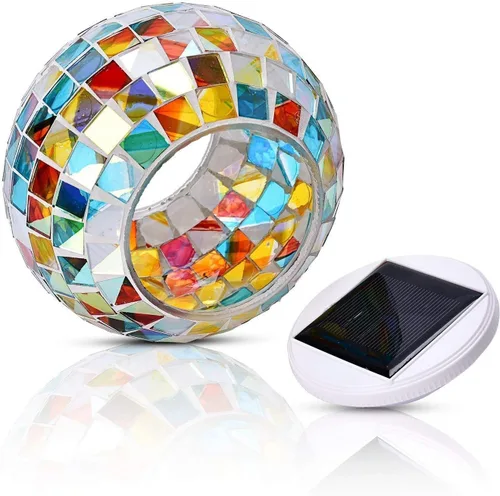 Vista 4 de WSgift - Bola de luz de colores a energía solar con mosaico de vidrio LED para jardín, lámparas de mesa recargables impermeables para exterior