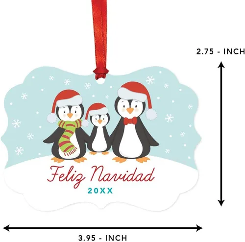 Vista 5 de Andaz Press Adorno de recuerdo de Navidad con marco de fantasía para la familia española, metal, feliz Navidad 2025, familia de pingüinos de Merry