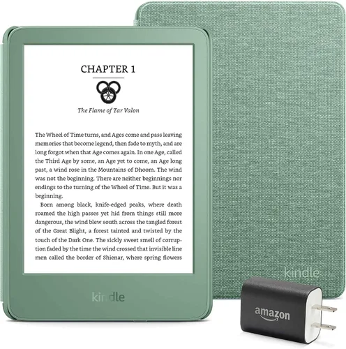 Vista 3 de Paquete Kindle Essentials, que incluye Kindle (versión 2024) negro, funda de tela (negra) y adaptador de corriente