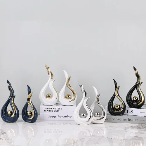 Vista 7 de Juego de 2 esculturas abstractas de cerámica con llamas, figuras modernas para centro de mesa de sala de estar, decoración de mesa de comedor, Oro
