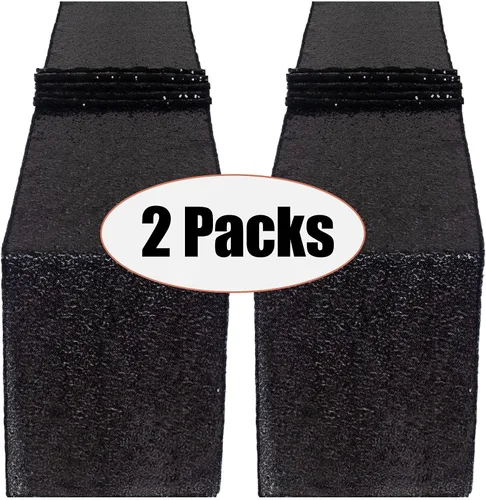 Vista 2 de AMZLOKAE Camino de mesa de lentejuelas, paquete de 2, camino de mesa negro de 12 x 120 pulgadas, para decoración de boda, rectangular, color negro