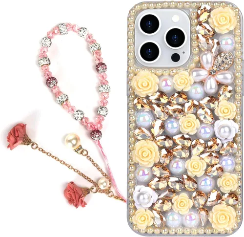 Vista 17 de para iPhone 14 Pro - Funda con Purpurina y Diamantes de Imitación, de Lujo, con Cristales Brillantes, Flores de Rosa, Perlas Florales, Pulseras