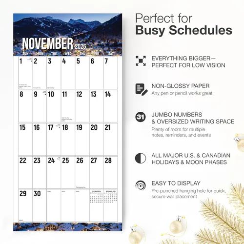 Vista 2 de RED EMBER The Big Grid - Calendario de pared 2026 Seasons in Nature de 12 meses 12 x 24 pulgadas abierto Regalo de vacaciones Calendario