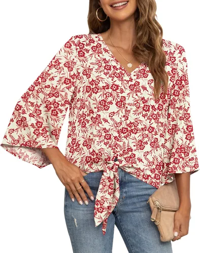Vista 22 de VIISHOW Blusas de verano para mujer, con botones, cuello en V, de gasa, mangas acampanadas de 3/4, con nudo, casuales 01 Blanco