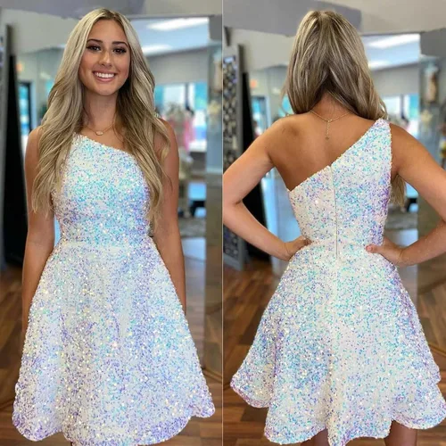 Vista 5 de Hjindpr Vestidos de lentejuelas de un hombro para adolescentes, vestido corto de graduación 2024, vestido formal acampanado brillante con bolsillos