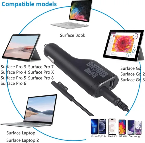 Vista 6 de Surface Pro - Cargador de coche para computadora portátil, 36 W, 12 V, 2.58 A, fuente de alimentación para Microsoft Surface Pro 3/4/5/6/Book/Go