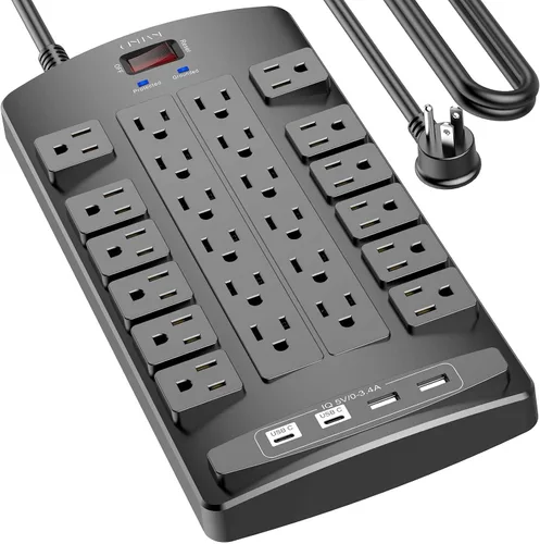 Vista 13 de QINLIANF Protector contra sobretensiones Regleta de enchufes - Cable de extensión de servicio pesado con enchufe plano de 6 pies con 24