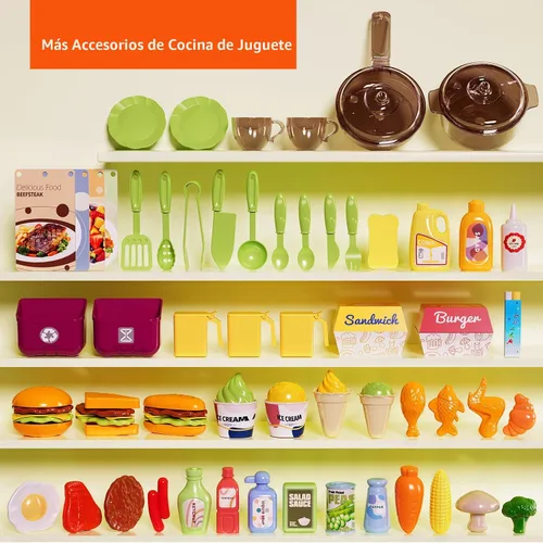 Vista 6 de Pupu Pig Juego de cocina para niños, cocina de juego con estufa de juguete, parrilla, fregadero, comida de juguete, accesorios de cocina, juego