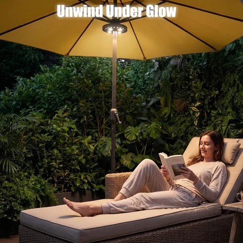 Vista 8 de Parasol de sombrilla para patio, luces 3 en modo brillo e inalámbrico, 28 luces LED en 220 Lux. 4 x AA baterías de función, sombrilla con pértiga
