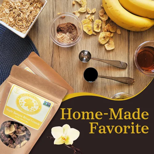 Vista 3 de Maple Nut Kitchen Granola de pan de plátano, avena sin gluten, jarabe de arce y nueces pecanas, cereal vegano crujiente con plátanos secos, granola