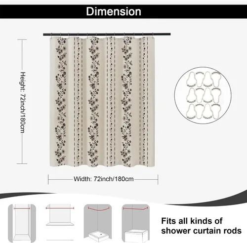 Vista 2 de ORTIGIA Cortinas de ducha negras para baño, juego de cortina de ducha moderna de lino con ganchos de metal, floral, impermeable, vintage, tela