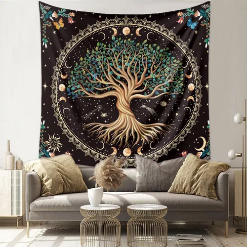 Vista 8 de Tapiz de árbol de la vida de fase lunar, naturaleza, flores, plantas, mariposas, tapices bohemios, mandala espiritual, tapiz estético para colgar