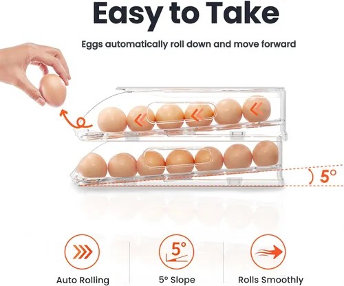 Vista 2 de SMRCAD Soporte para Huevos para Refrigerador, Dispensador de Huevos con Rodamiento Estable Automático con Parachoques de Silicona y Asa para Nevera