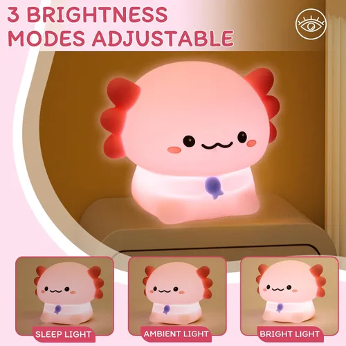 Vista 3 de Axolotl - Luz nocturna para niños – Regulador de intensidad de 3 niveles y temporizador de apagado automático, lámpara de silicona segura