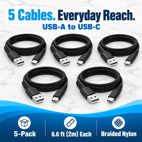 Vista 2 de Paquete de 5 cables USB tipo C [6 pies Carga rápida 3A trenzados] - Cable de carga USB-A a USB-C, compatible con iPhone 17 16 15 Plus Pro Max