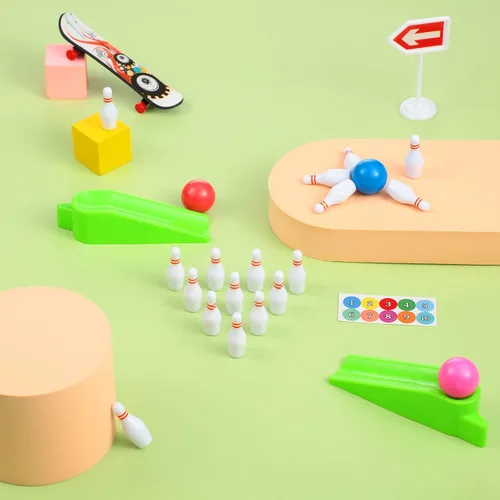 Vista 4 de Kathfly Recuerdos de fiesta de bolos para niños, mini juego con pasadores de tazón en miniatura, rampa, bola, juegos de bolos de mesa, rellenos