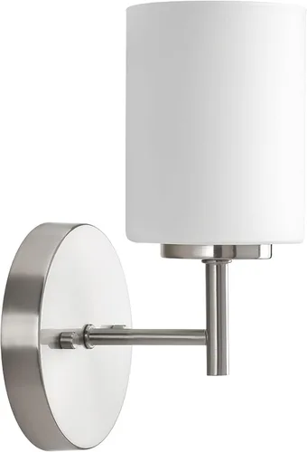 Vista 36 de Progress Lighting Lámpara moderna de tocador de baño de cristal blanco grabado con 4 luces, colección Replay, níquel cepillado (P2160-09)