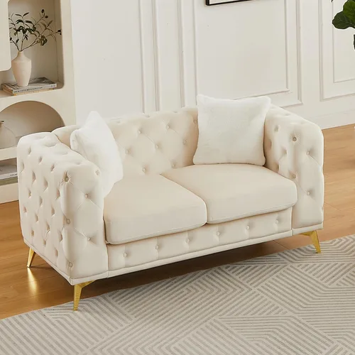 Vista 4 de KEIKI Sofá Chesterfield de terciopelo de lujo extragrande de 61 pulgadas con 2 almohadas, estilo mediados de siglo, sofá de 2 plazas con botones