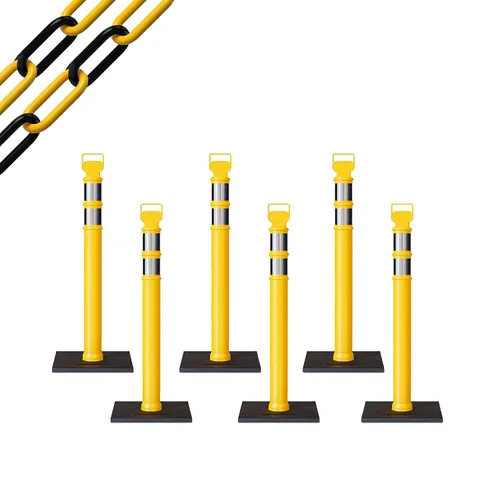 Vista 63 de CCW 6-Pack 45" Delineador Post Kit Kit de 3.0 in collares reflectantes, base de goma de 10 lb (6 postes blancos con cadena negra de 50 pies)