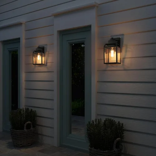 Vista 2 de Luces de pared negras para exteriores, apliques de pared exterior de granja con vidrio transparente, faroles cuadrados modernos impermeables