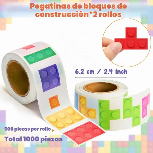 Vista 3 de 1000 calcomanías de bloque para niños, 2 rollos de papel de ladrillos surtidos autoadhesivas, calcomanías autoadhesivas para despegar y pegar