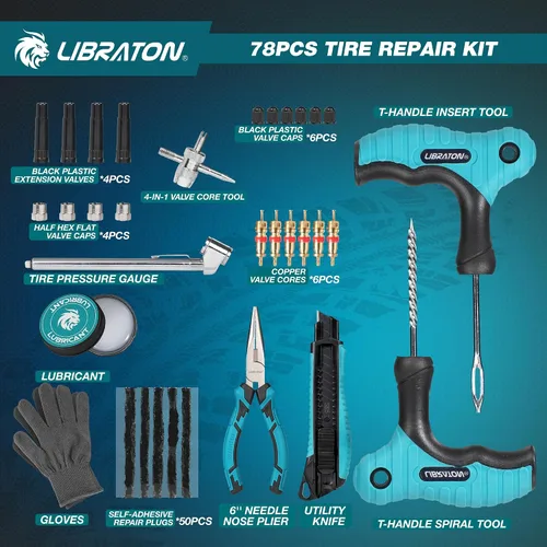 Vista 2 de Kit de reparación de neumáticos Libraton, kit de 78 piezas de tapones para neumáticos, herramientas profesionales resistentes para arreglar