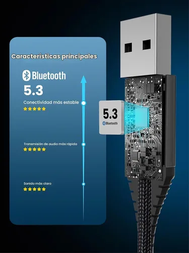 Vista 4 de HVMLAK Bluetooth 5.3 Aux Adaptador de coche Plug and Play, USB Powered, 80cm Braided Cable, Enhanced Microphone, Solid Metal Shell, Home Stereo