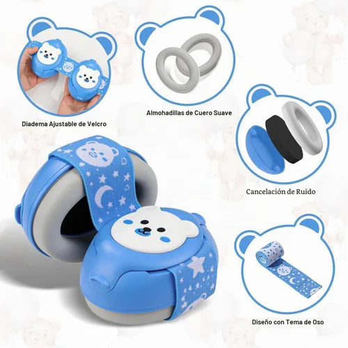 Vista 2 de YomauiYee Orejeras para bebés, protección de oídos para bebés de 0 a 36 meses, auriculares infantiles con diseño de oso pequeño y cancelación de Azul