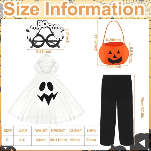 Vista 4 de Lewtemi Juego de 4 disfraces de Halloween para niños, disfraz de fantasma blanco, incluye gafas de cosplay, capa de fantasma, cubo de calabaza
