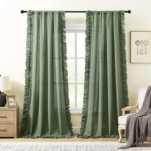 Vista 11 de TERLYTEX Cortinas de encaje de lino de 96 pulgadas de largo 2 paneles, 42 x 96 pulgadas, cortinas con volantes estilo granja para sala con bolsillo