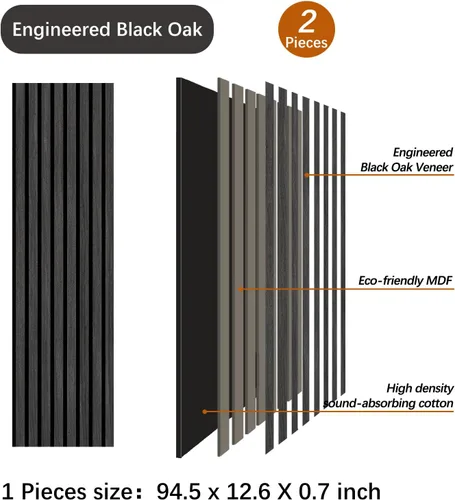Vista 2 de Paneles de madera ARMURO para pared - Paquete de 2 paneles negros para decoración de pared - Panel de chapa de roble negro absorbente de sonido