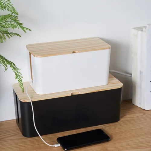 Vista 6 de Toyvian Cable Storage Box Power Line Manager with Natural Wood Lid, Medium Black Charging Cable Organizer for Home and Office Cord Management