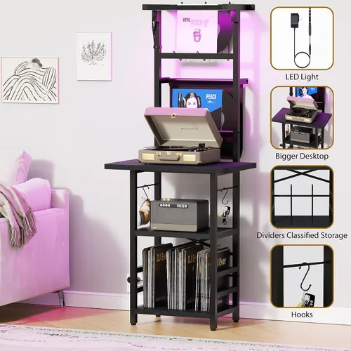 Vista 4 de YAKANJ Soporte para tocadiscos con luz LED, mesa para tocadiscos con almacenamiento de vinilos, soporte para tocadiscos con estante de exhibición