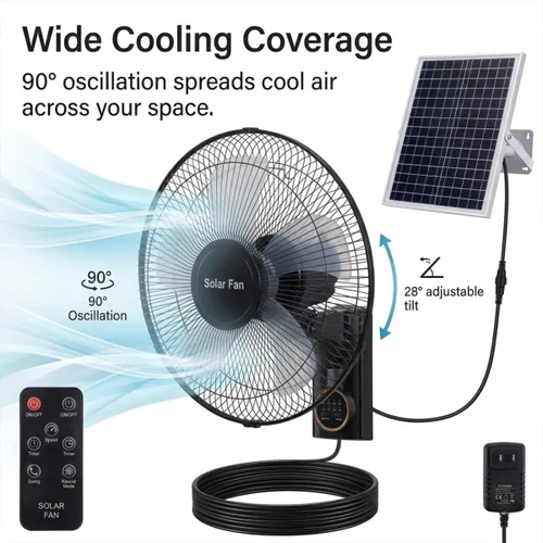 Vista 4 de 16" Solar Barn Fan for Chickens & Greenhouses - Oscillating Wall Fan with Remote Control, AC/Solar Dual Power, Waterproof 90° Cooling, 16ft