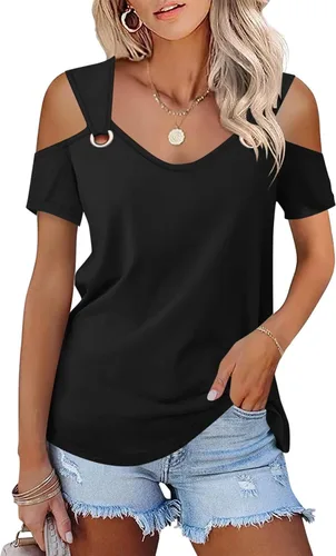 Vista 8 de Minetom - Camisetas básicas de verano para mujer, de manga corta, con hombros descubiertos y cuello en V