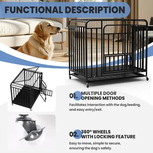 Vista 3 de Jaula de metal resistente para perros de 38 pulgadas, construcción de acero de aleación reforzada con puertas dobles, ruedas móviles y acabado