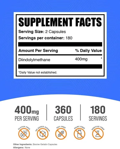 Vista 2 de BulkSupplements. com DIM Cápsulas – Diindolilmetano, suplemento DIM para hombres y mujeres – Sin gluten, 2 cápsulas por porción, 360