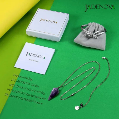 Vista 7 de JADENOVA Collar de Péndulo de Cristal Natural de Amatista Curativo para Mujeres Adivinación Radiestesia (Cristal con 2 cadenas), Gema, amatista