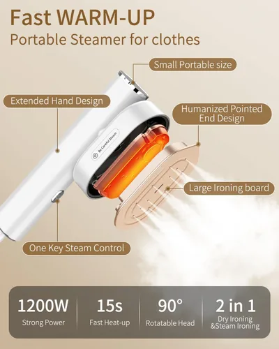 Vista 8 de Vaporizador Portátil para Ropa de Viaje, Mini Vaporizador y Plancha con Calentamiento Rápido de 10s, 1200W Horizontal y Vertical, Eliminación