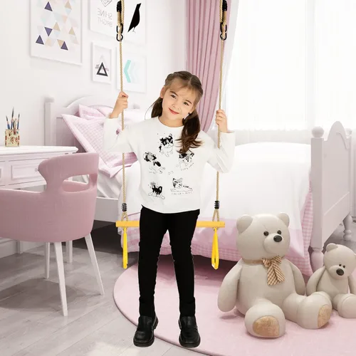 Vista 4 de Trapecio de madera con anillos de gimnasio de plástico, barra de columpio de trapecio con cuerda ajustable para patio de recreo interior, juego